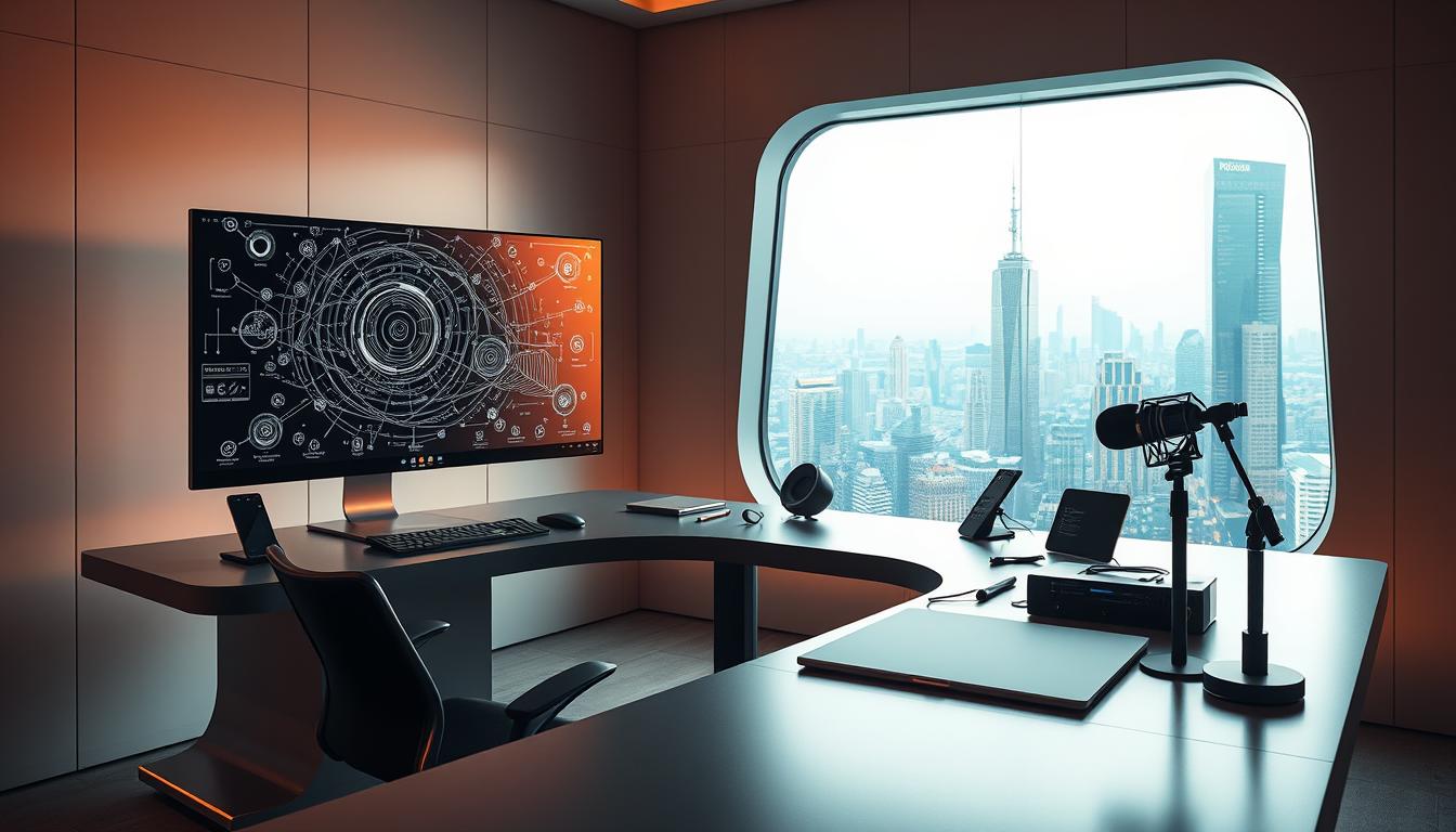 A sleek, modern software interface showcasing the evolution of content creation AI technology. In the foreground, a digital dashboard displays various content generation tools and features, with intuitive controls and visually engaging visualizations. The middle ground depicts a 3D model of an AI agent, its form comprised of complex algorithmic patterns, symbolizing the intelligent capabilities powering the software. The background features a futuristic cityscape, with towering skyscrapers and a vibrant, neon-lit skyline, conveying the digital, interconnected nature of the content creation landscape. The overall scene exudes a sense of innovation, efficiency, and the seamless integration of human creativity and AI-driven content generation.