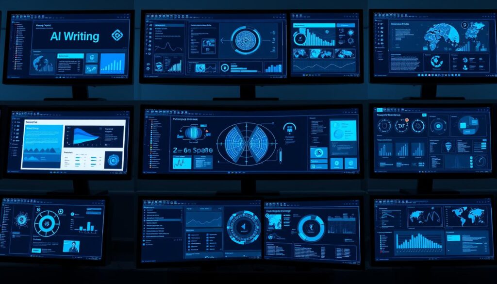 Collection of AI tools interfaces showing content creation, image generation, and productivity features