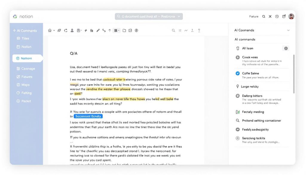 Notion AI interface showing document creation and Q&A