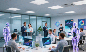 Futuristic digital workspace showing AI copilots and agents collaborating with humans in a modern office.